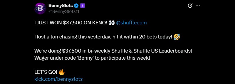 Twitter BennySlots 87K Shuffle Keno Win